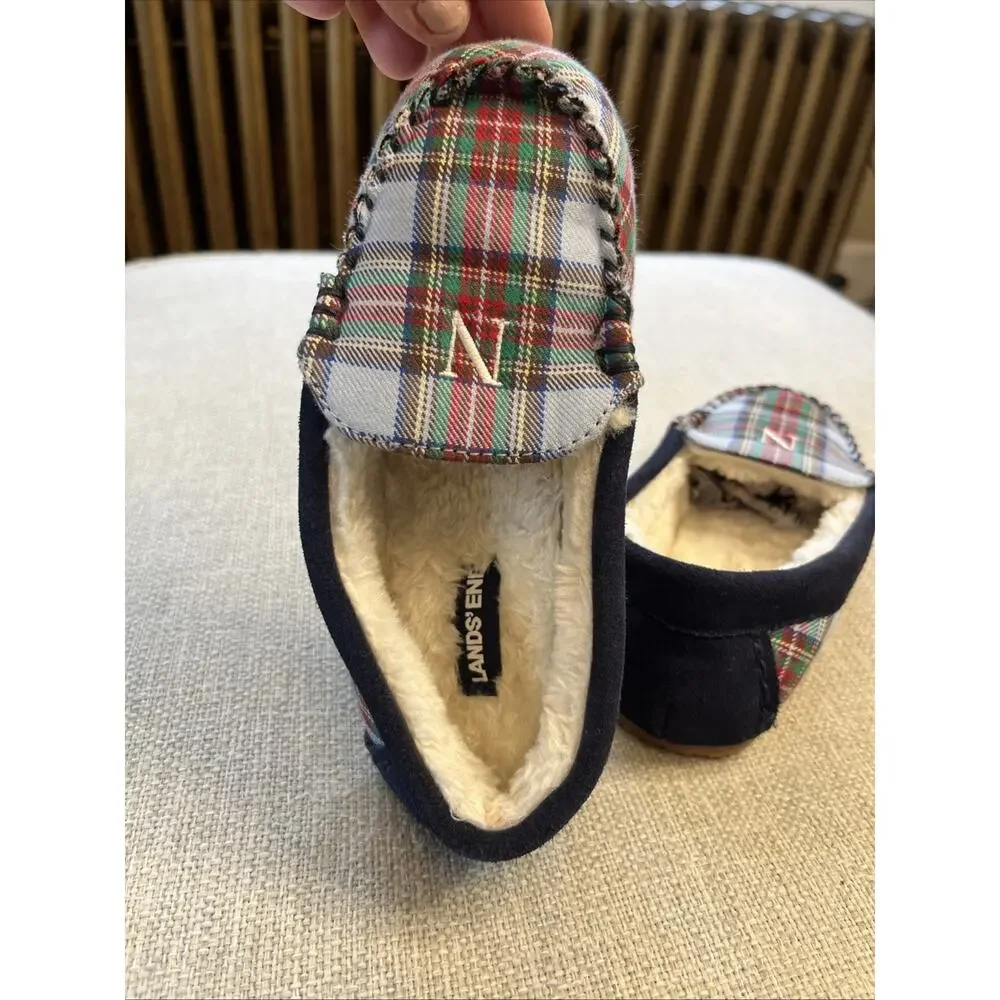 Lands' End Size 1 Childs Suede Slippers Moccasin Navy Blue Faux Fur Monogram “N”